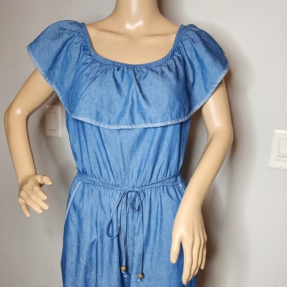 WRAPPER chambray blue belted cropped wideleg jumper, pockets. Size Medium - Picture 3 of 16